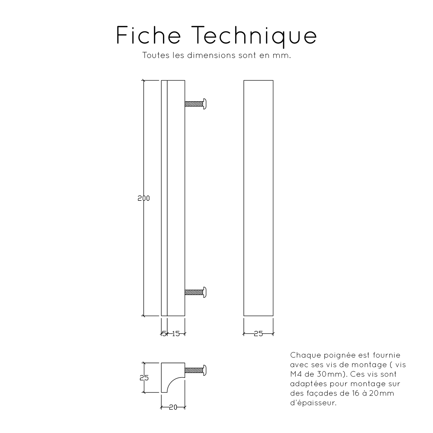 Fiche technique poignée Alcôve A chêne - 13 tailles disponibles de 100mm à 1200mm