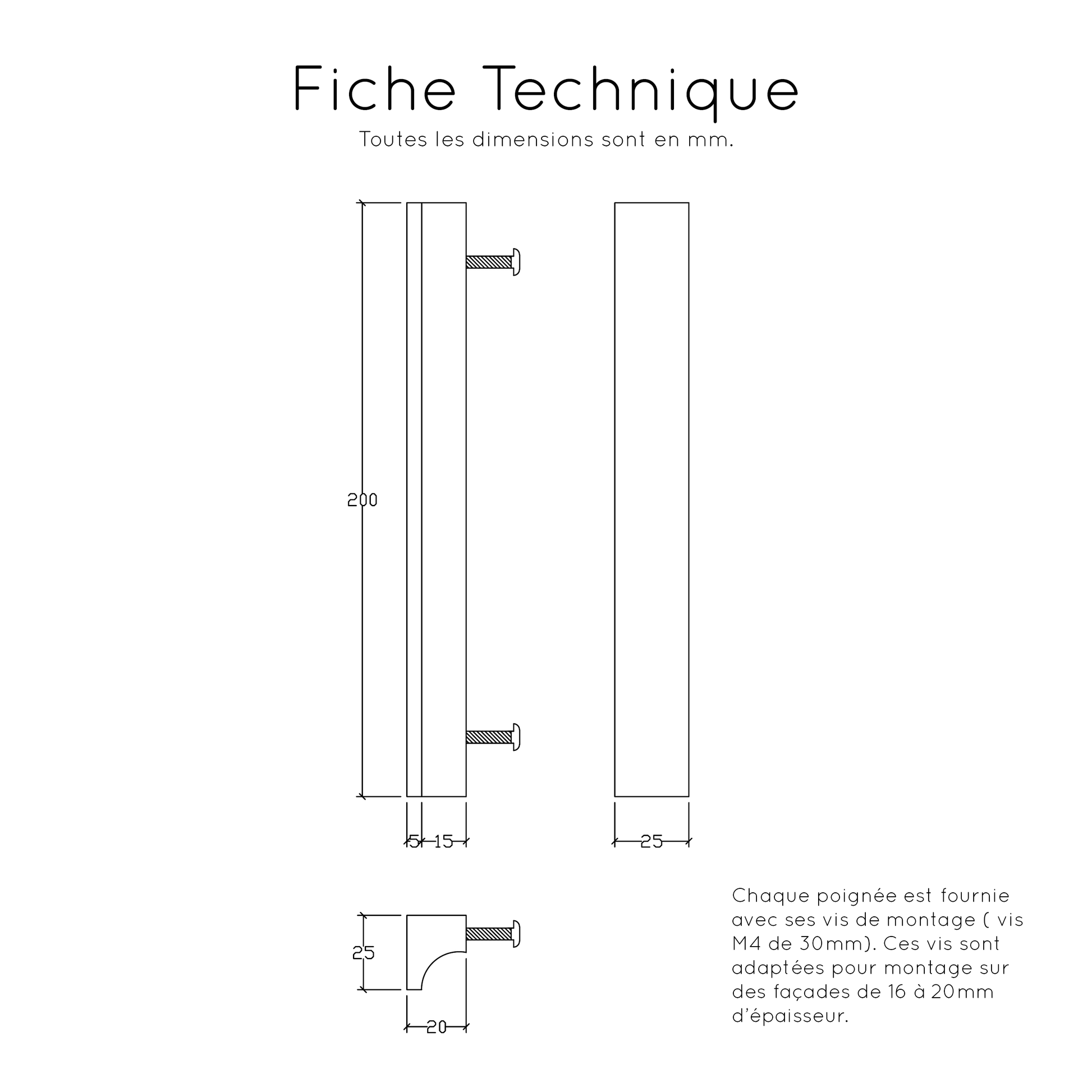 Fiche technique poignée Alcôve A chêne - 13 tailles disponibles de 100mm à 1200mm