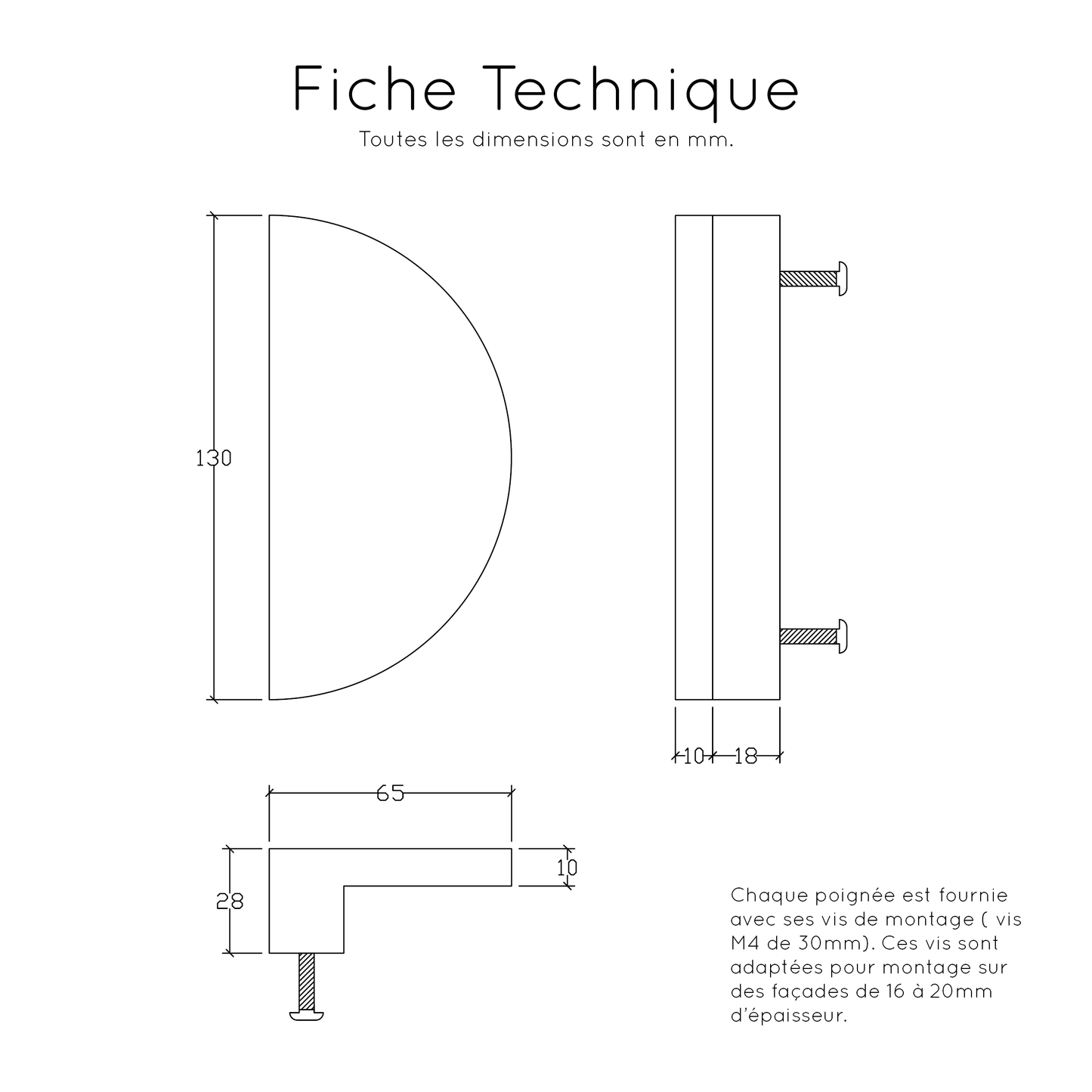 Fiche technique poignée Demi-Lune chêne - 5 diamètres disponibles 100mm 130mm 160mm 200mm 250mm