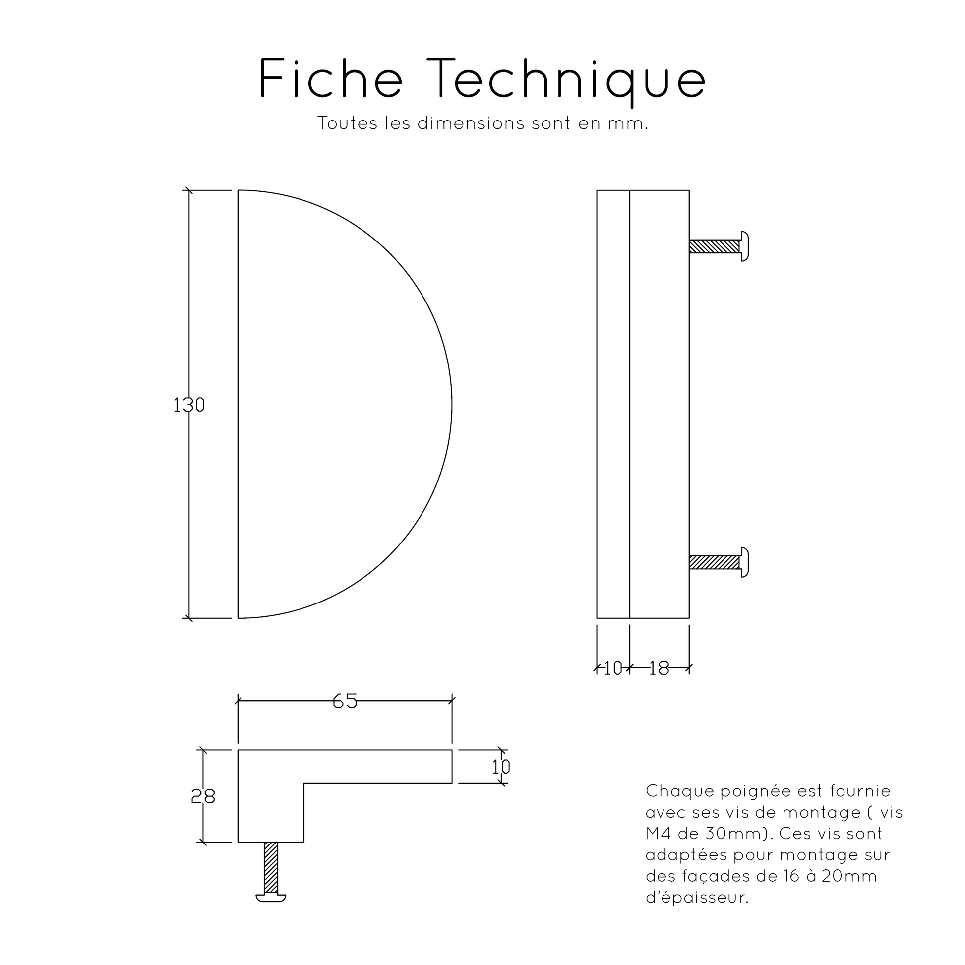 Fiche technique poignée Demi-Lune chêne - 5 diamètres disponibles 100mm 130mm 160mm 200mm 250mm