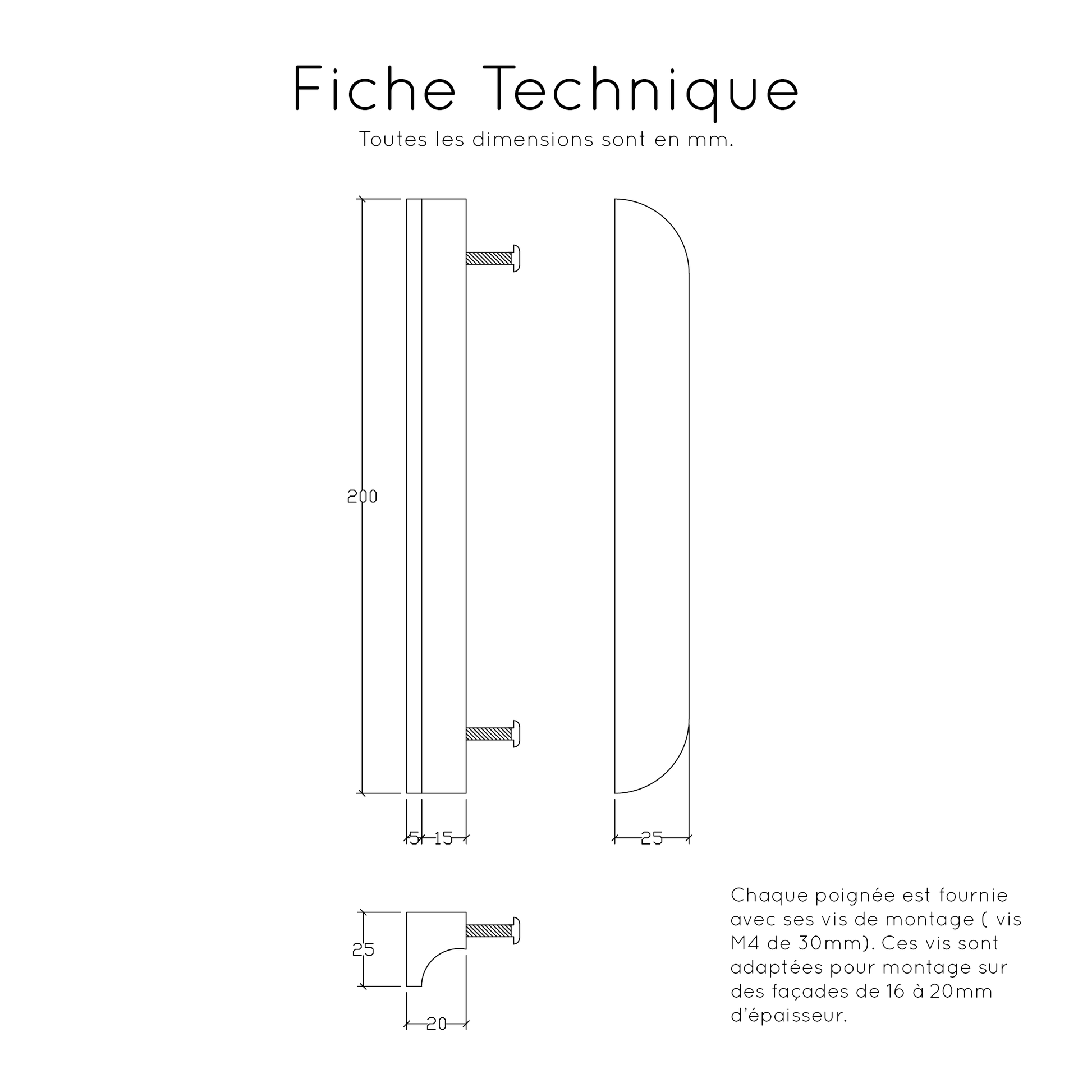 Fiche technique poignée Alcôve C noyer - 13 tailles disponibles de 100mm à 1200mm