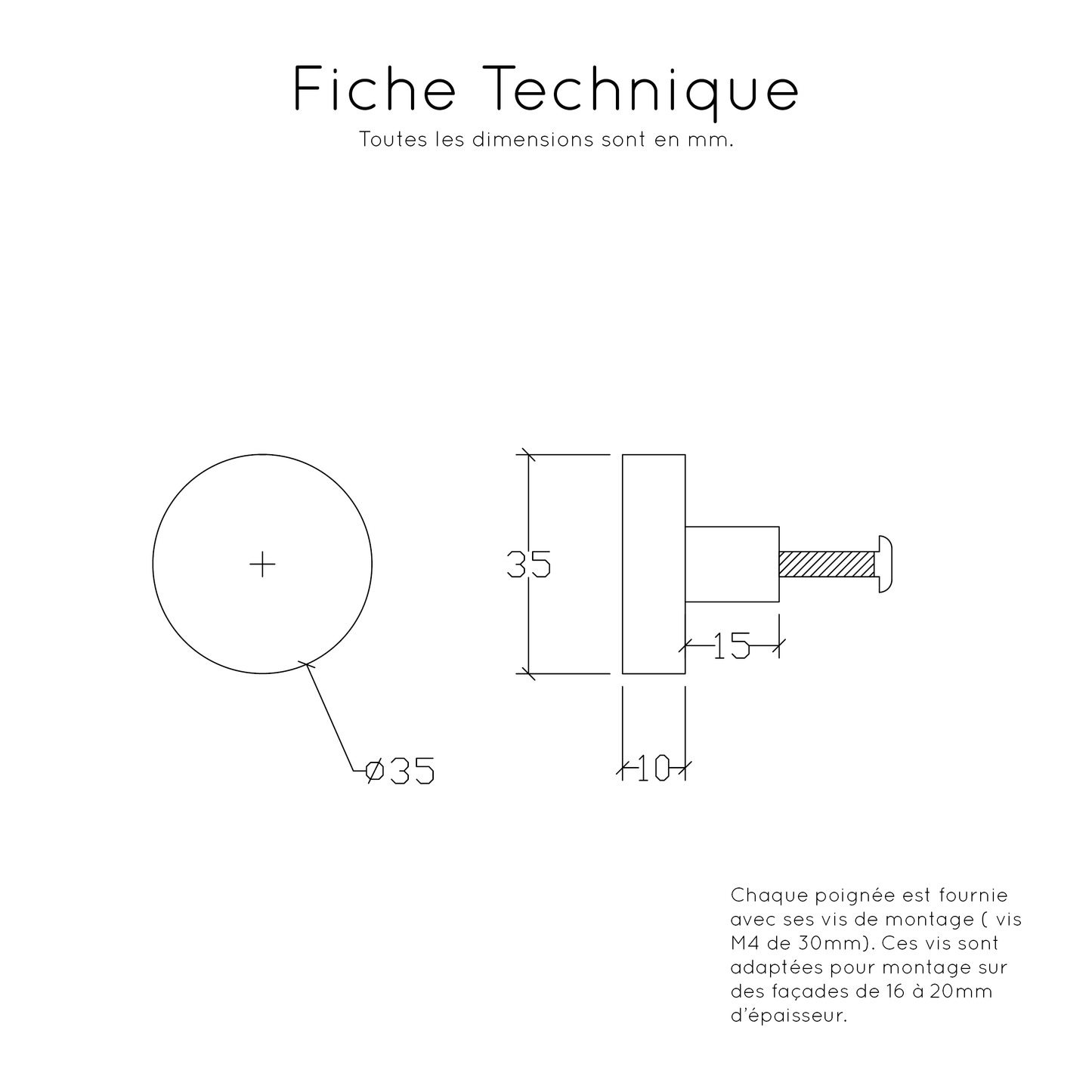 Fiche technique bouton chêne rond - 5 diamètres disponibles D35 D48 D54 D65 D74mm