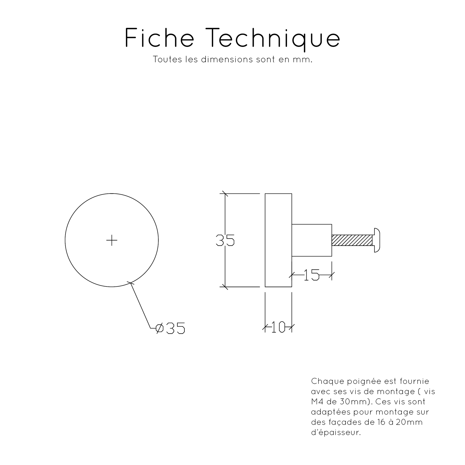 Fiche technique bouton chêne rond - 5 diamètres disponibles D35 D48 D54 D65 D74mm