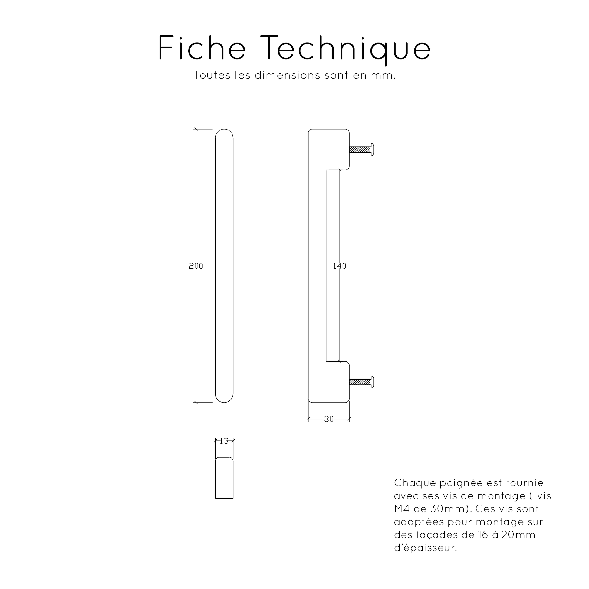 Fiche technique poignée Rustique chêne Model 2 - 4 tailles disponibles 200mm 250mm 300mm 350mm