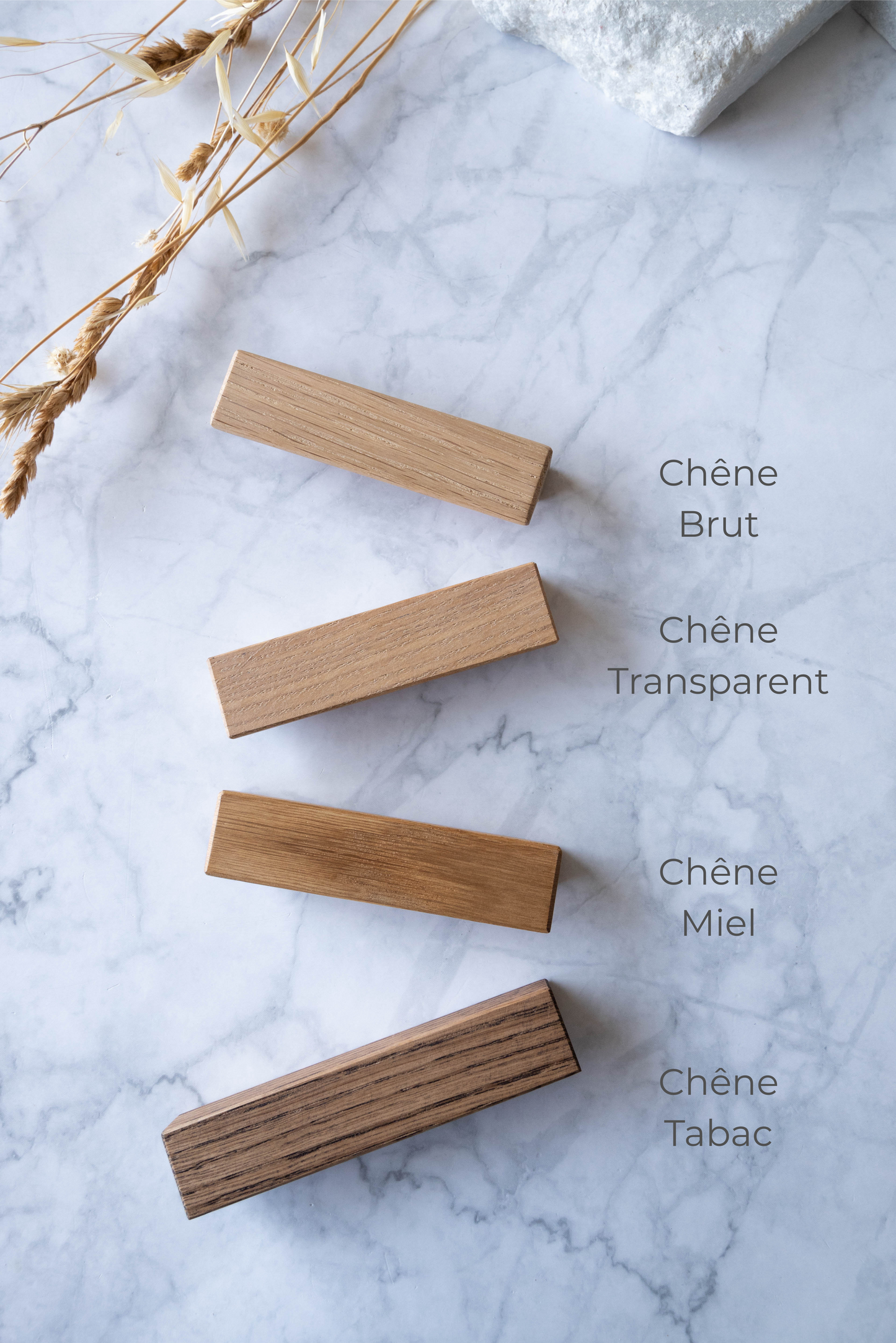 Échantillons finitions bois de chêne - 4 nuances disponibles pour poignée Alcôve D (brut, huile, miel, tabac)